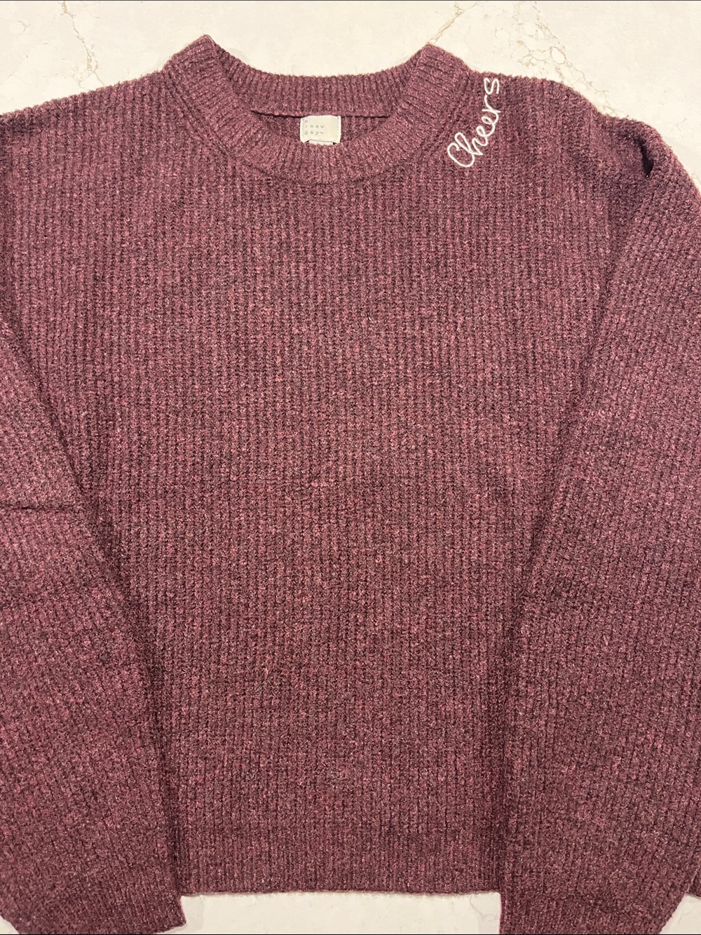 A New Day women's burgundy crewneck with white embroidery